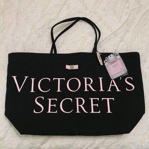 Victoria's Secret NWT Large Black and Pink Canvas Tote Bag
